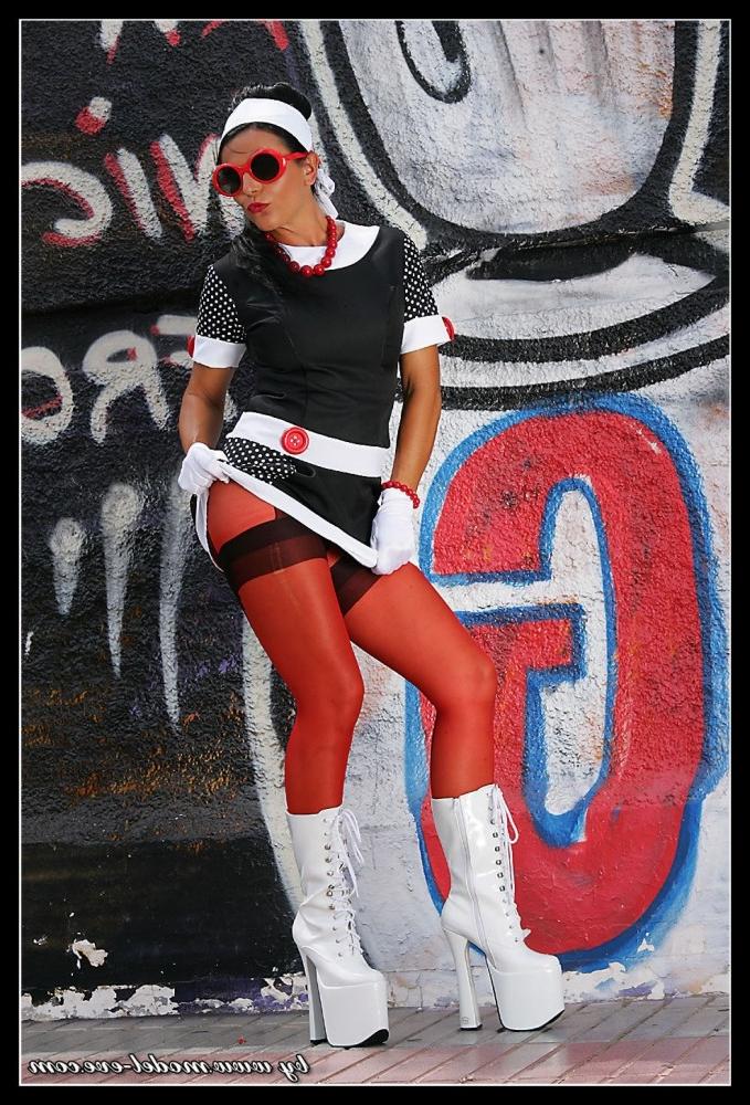 15P Vintage Lady posing in 60s dress and pantyhose
