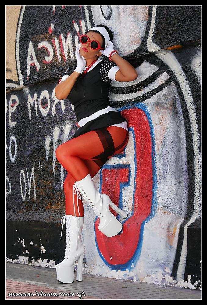 15P Vintage Lady posing in 60s dress and pantyhose