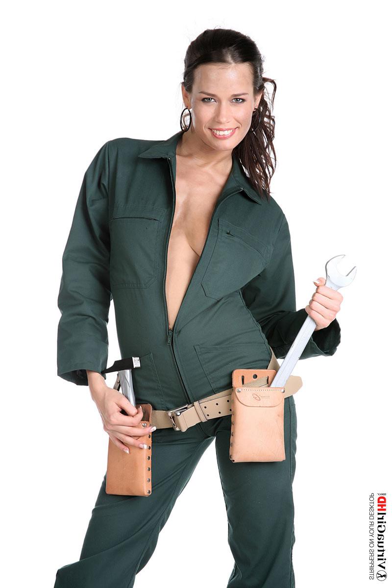 16P Slim brunette Marie takes off her plumber uniform