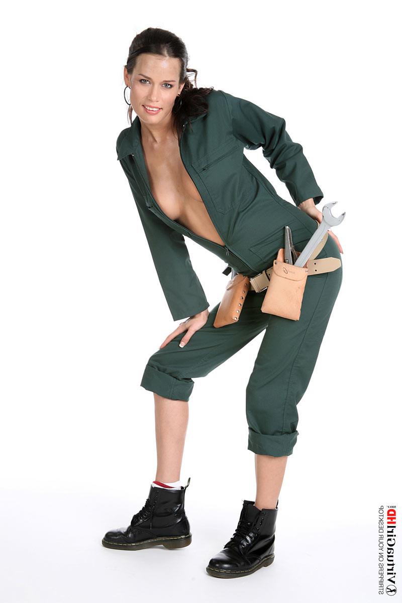 16P Slim brunette Marie takes off her plumber uniform