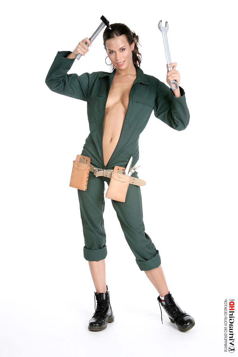 16P Slim brunette Marie takes off her plumber uniform