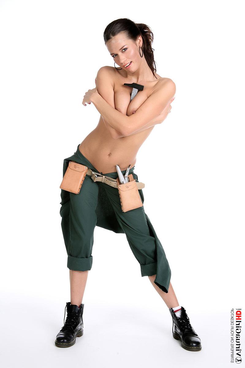 16P Slim brunette Marie takes off her plumber uniform