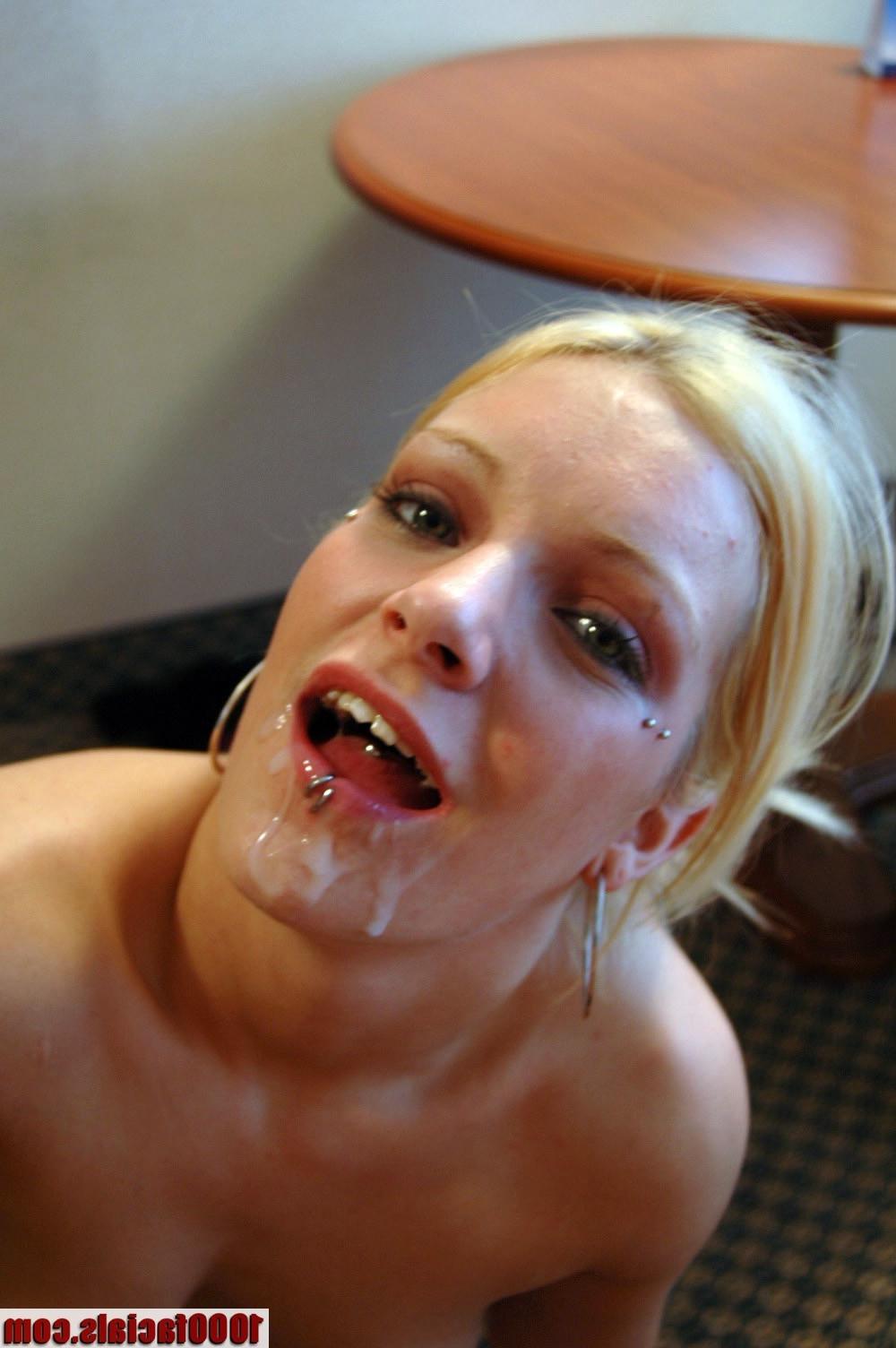 18P Pierced amateur babe gives blowjob and gets facial