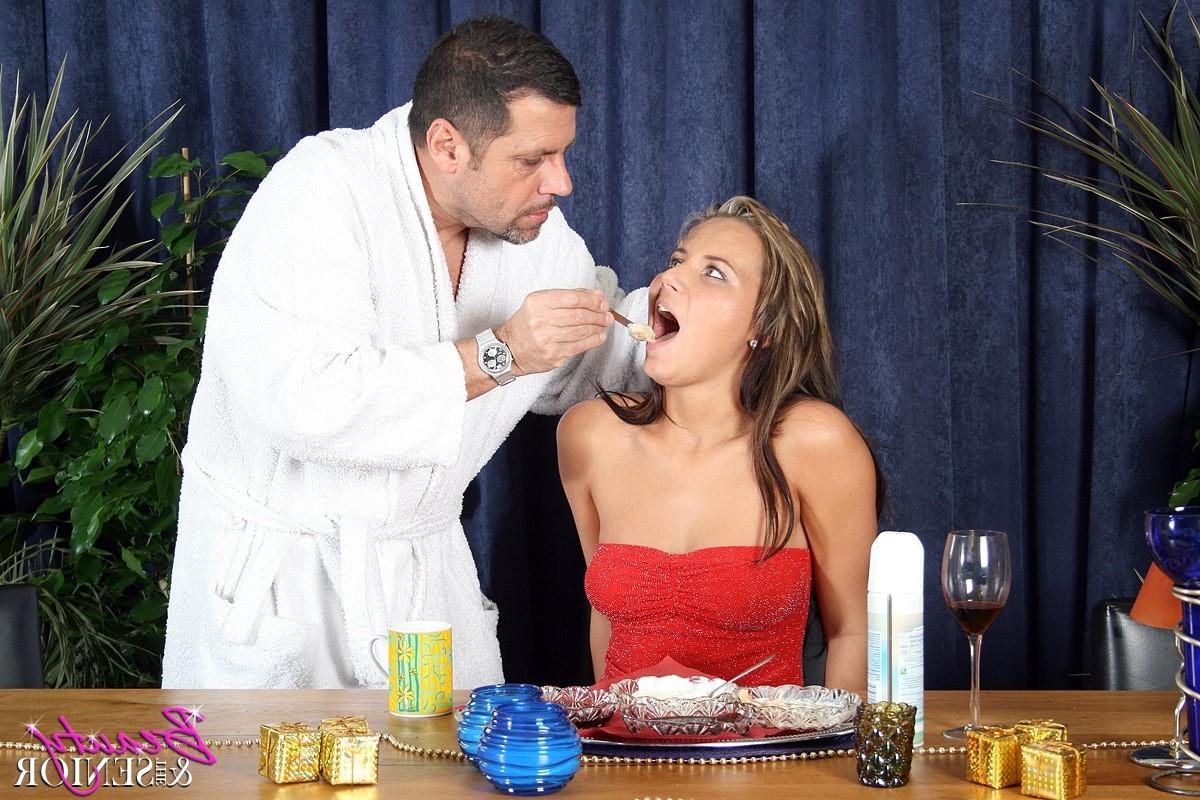 15P Brunette babe gets creamed by a horny senior stud