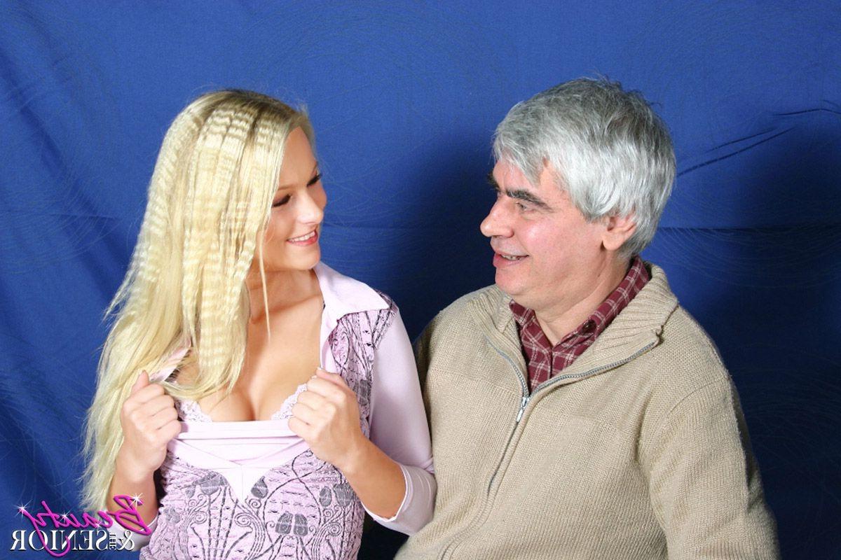 14P Sweet blonde babe seduces a grey and horny old man