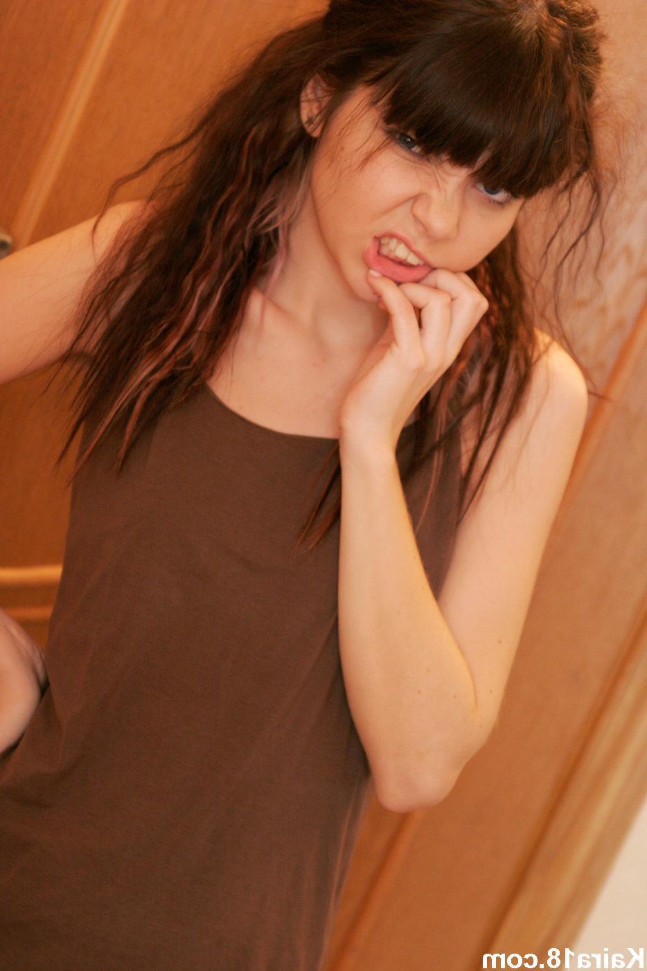 15P Skinny brunette emo teen striping panties in front mirror