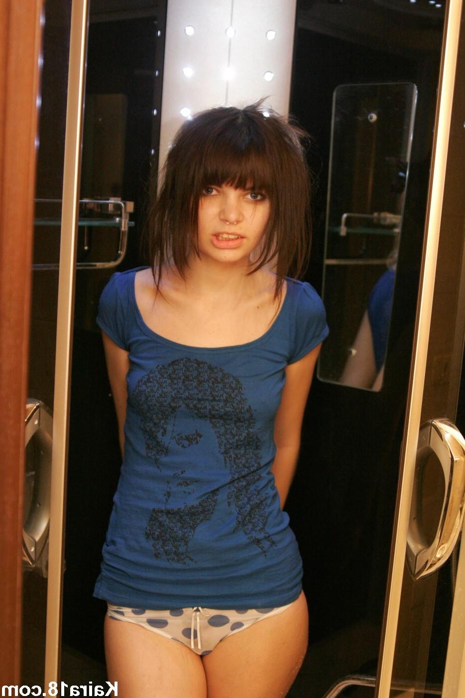 15P Petite brunette emo teen with tiny boobs plays in shower
