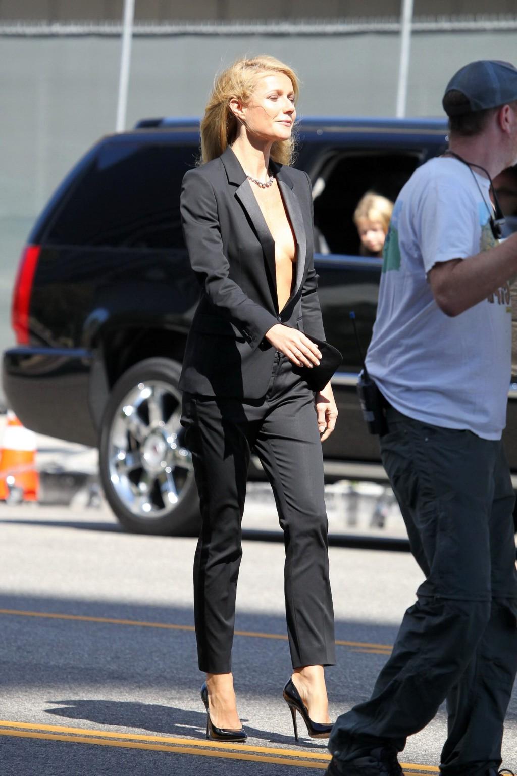 16P Gwyneth Paltrow braless showing huge cleavage on the set of a Hugo Boss campaign