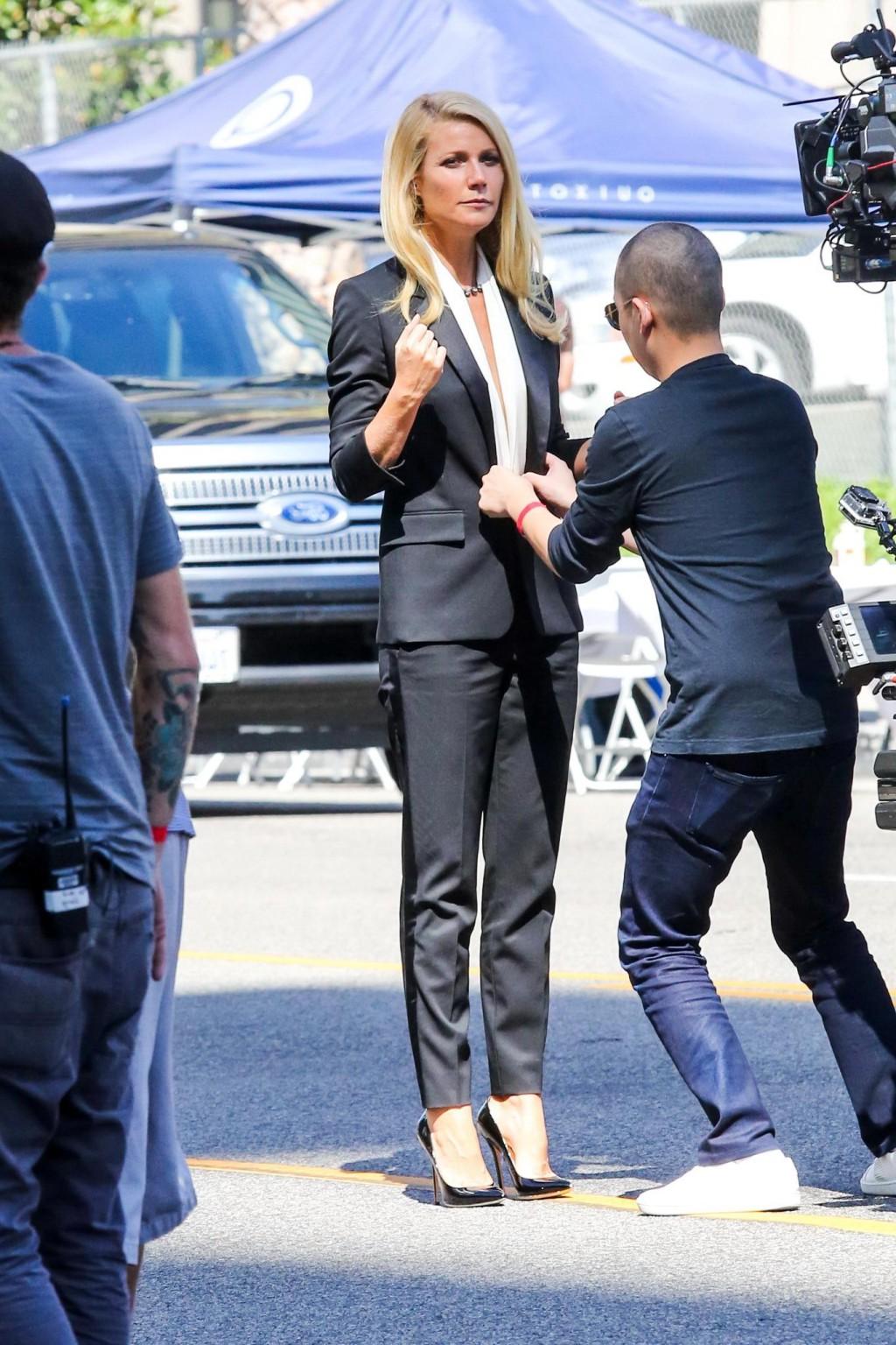 16P Gwyneth Paltrow braless showing huge cleavage on the set of a Hugo Boss campaign