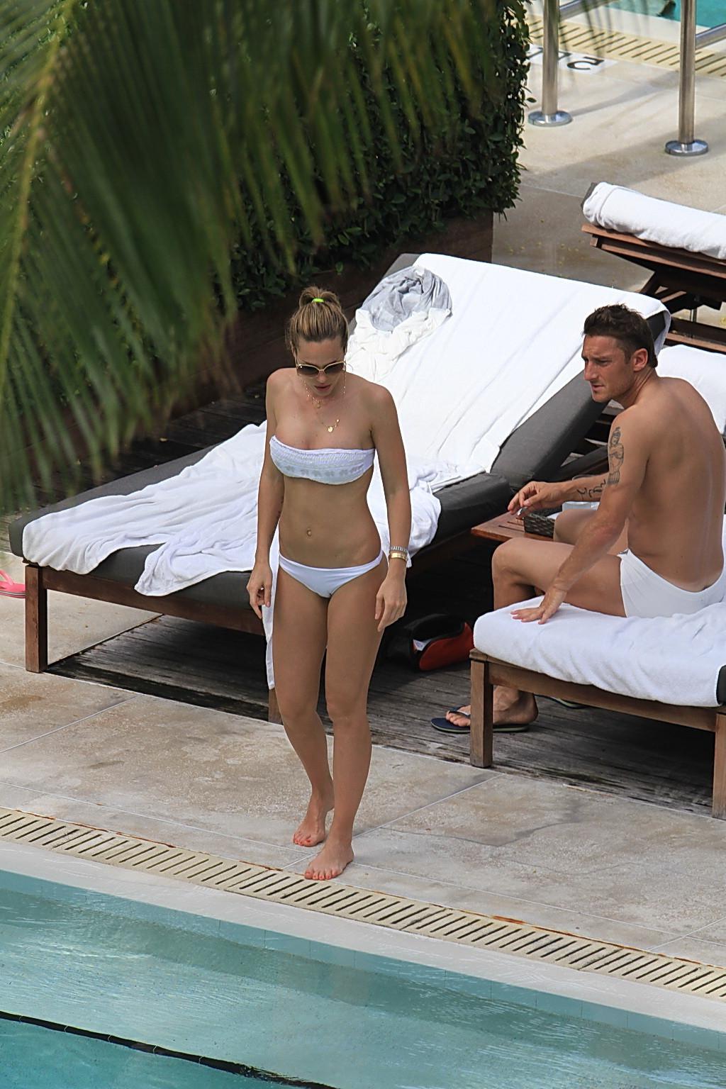 10P Ilary Blasi busty and booty wearing skimpy white bikini poolside in Miami