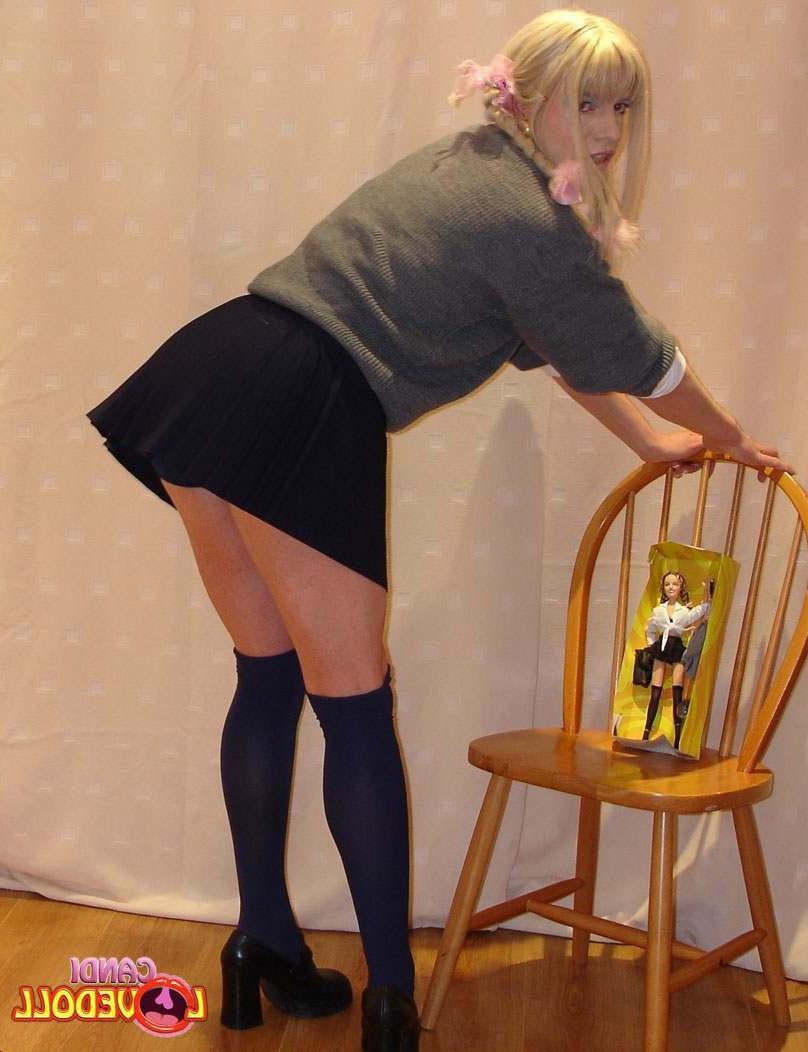 15P Tranny dressed as a schoolgirl shows her dick