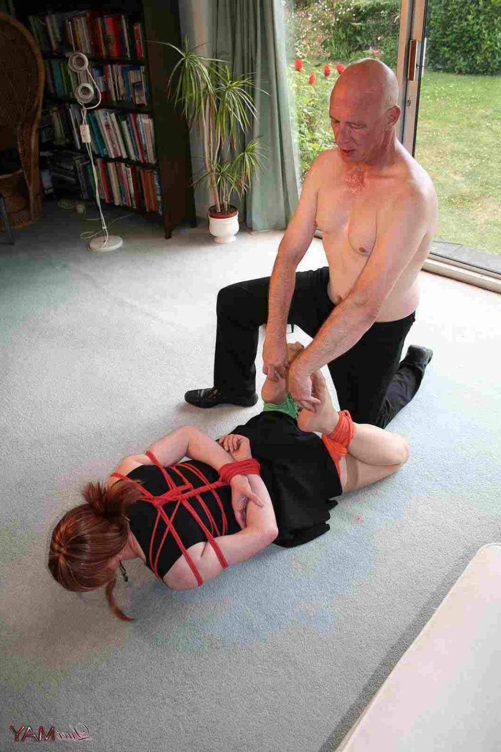 15P TRanny hog tied and tickled by her master