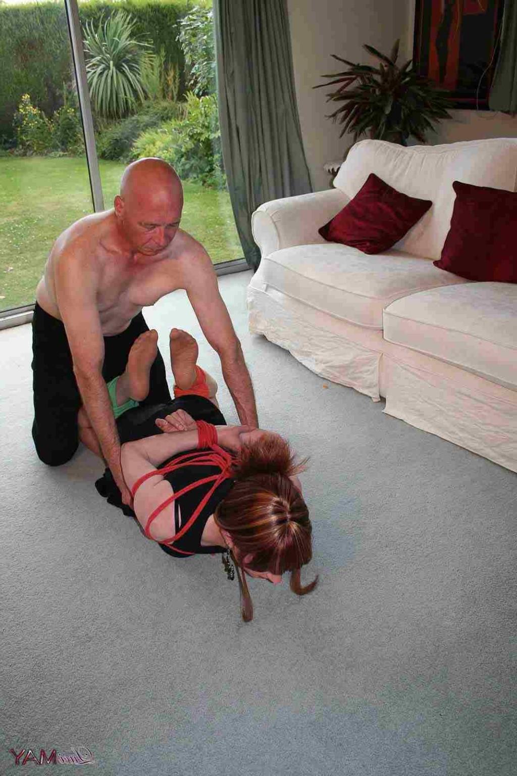 15P TRanny hog tied and tickled by her master