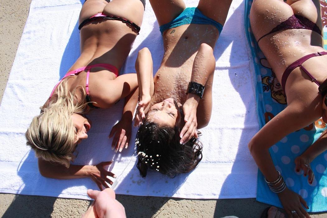 15P Two horny babes getting covered in cum