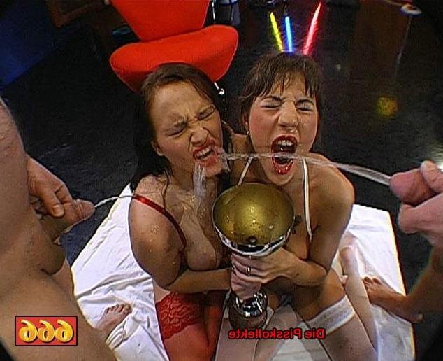 16P Two brunette chicks getting cum and piss in their mouths