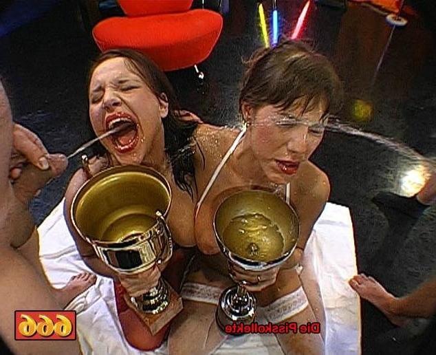 16P Two brunette chicks getting cum and piss in their mouths