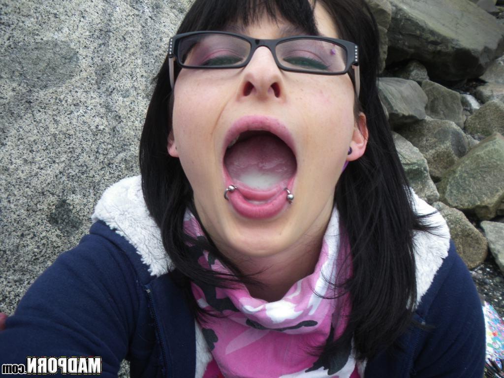 15P Real emo girlfriend in glasses sucks cock and swallows hot cum