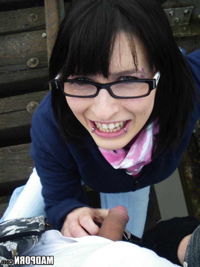 15P Real emo girlfriend in glasses sucks cock and swallows hot cum