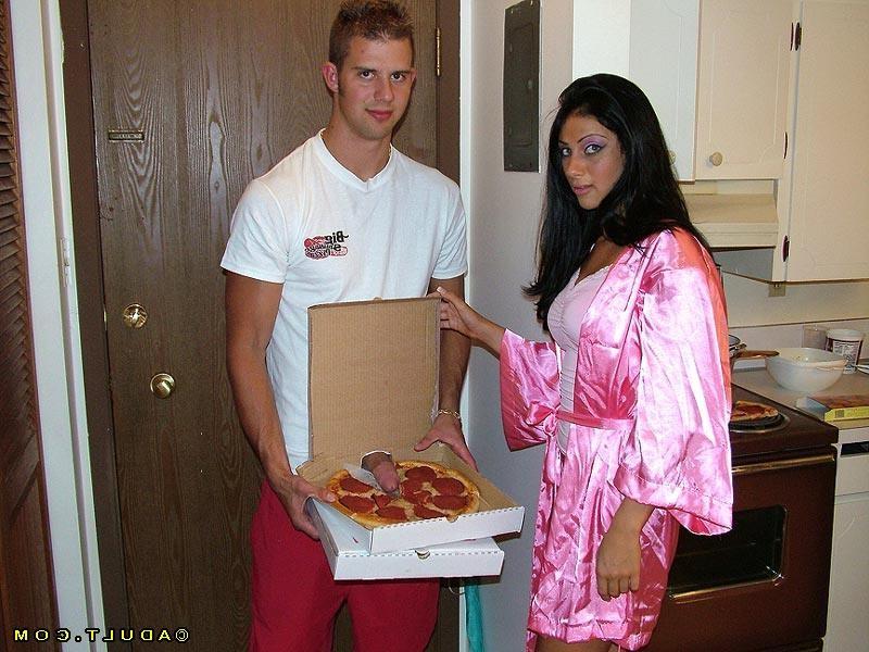 16P hungry chick eating cock through a pizza