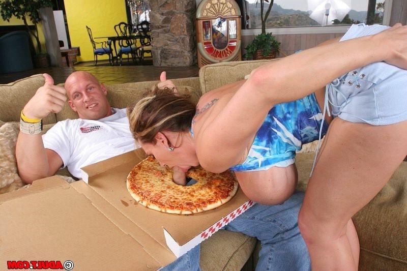 16P hungry chick eating cock through a pizza