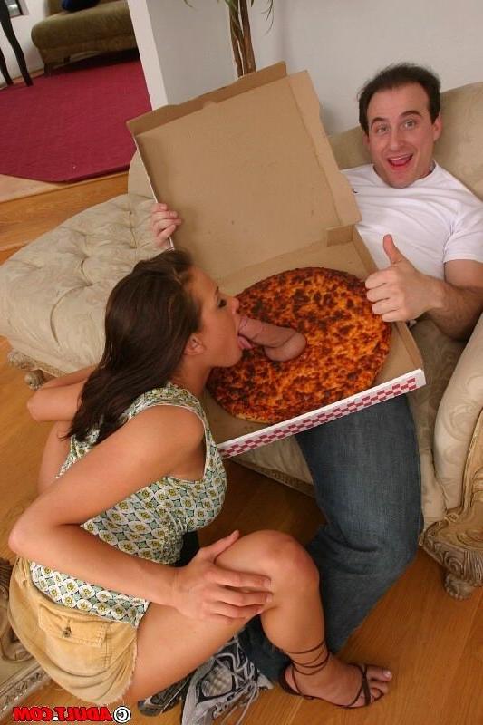16P hungry chick eating cock through a pizza