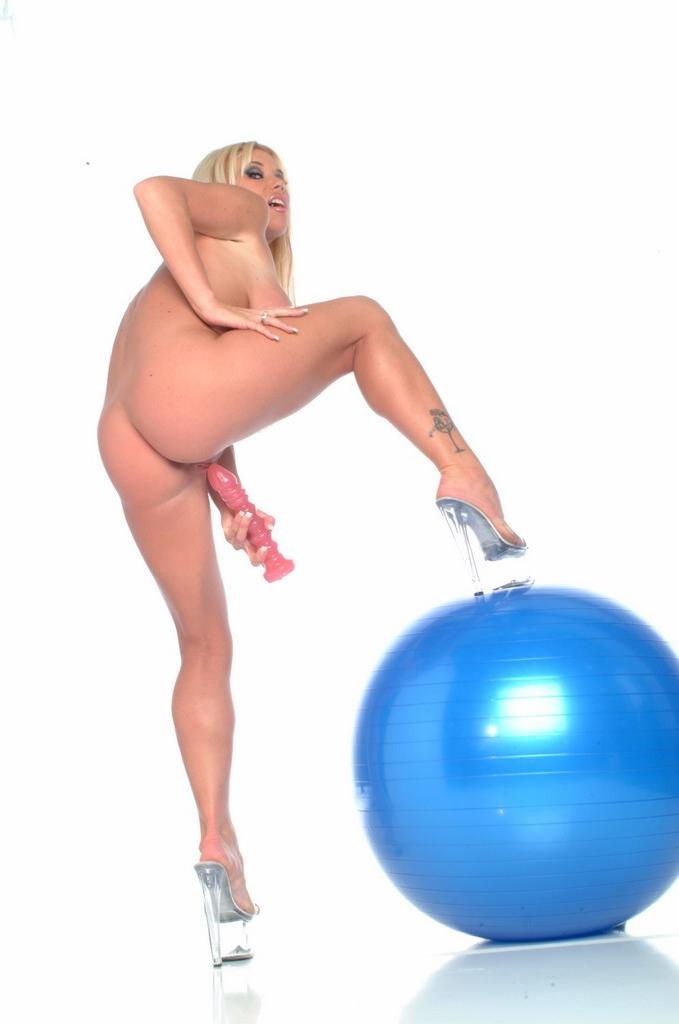 20P Leg on giant ball and dildo in pussy masturbation