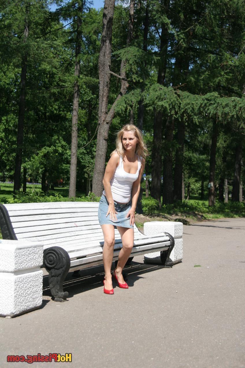 15P Teen cupid in a jean mini does a hellishly erotic leak on the bench