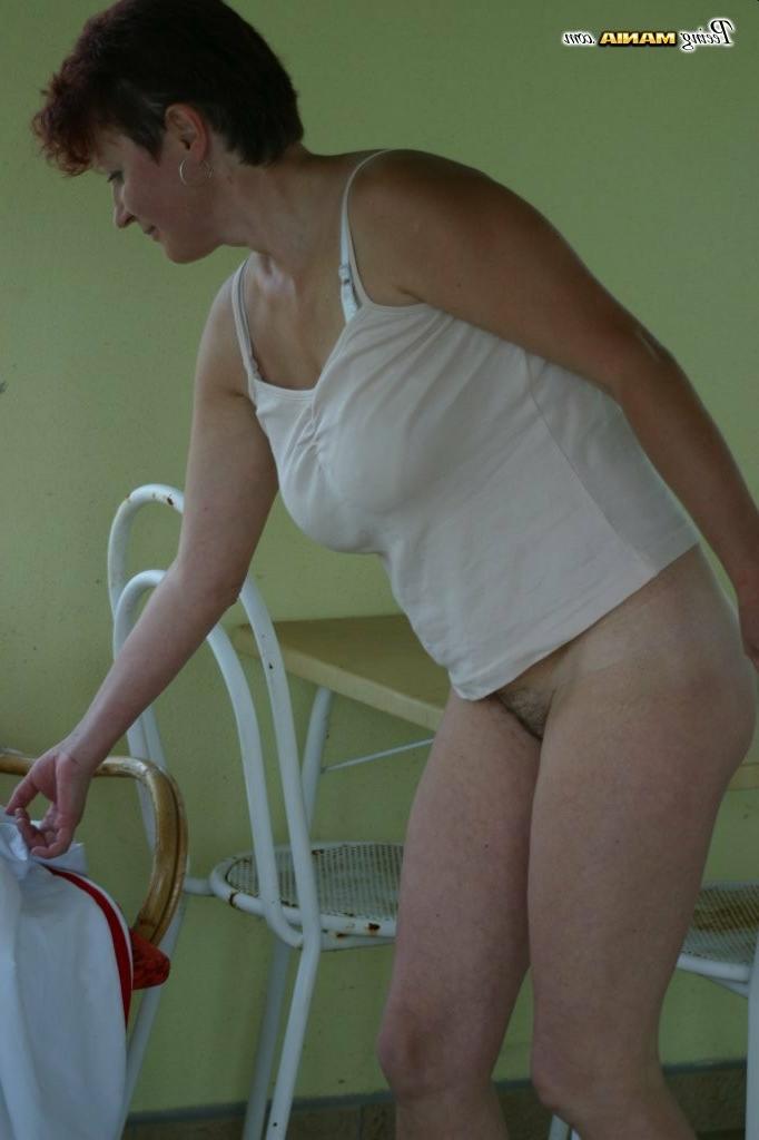 16P Old slut with a hairy pussy peeing in a basket