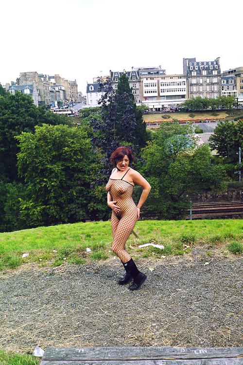 16P Redhead fishnet stockings babe in outdoor flashing and public nudity in Edinburg