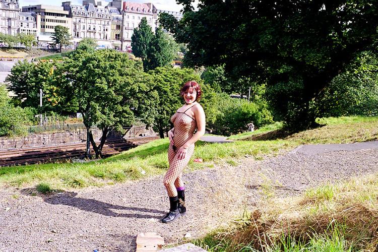16P Redhead fishnet stockings babe in outdoor flashing and public nudity in Edinburg