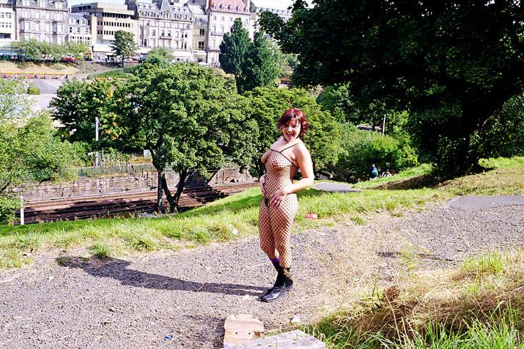 16P Redhead fishnet stockings babe in outdoor flashing and public nudity in Edinburg