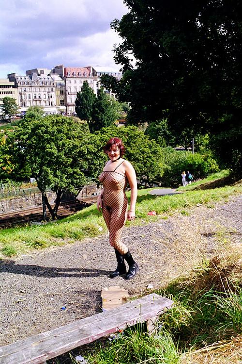 16P Redhead fishnet stockings babe in outdoor flashing and public nudity in Edinburg