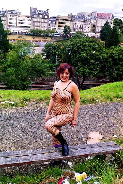 16P Redhead fishnet stockings babe in outdoor flashing and public nudity in Edinburg