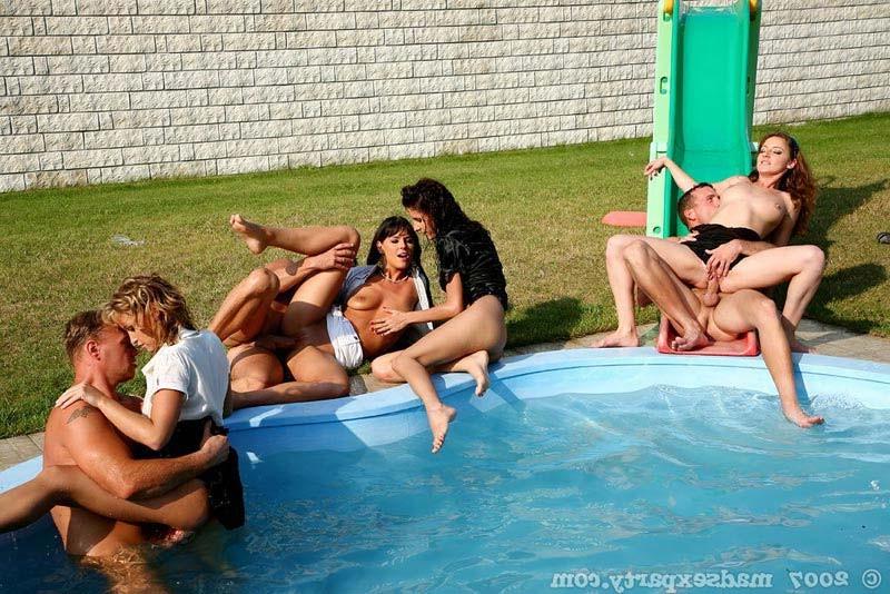 15P Orgy sex party at pool with horny babes fucking hard