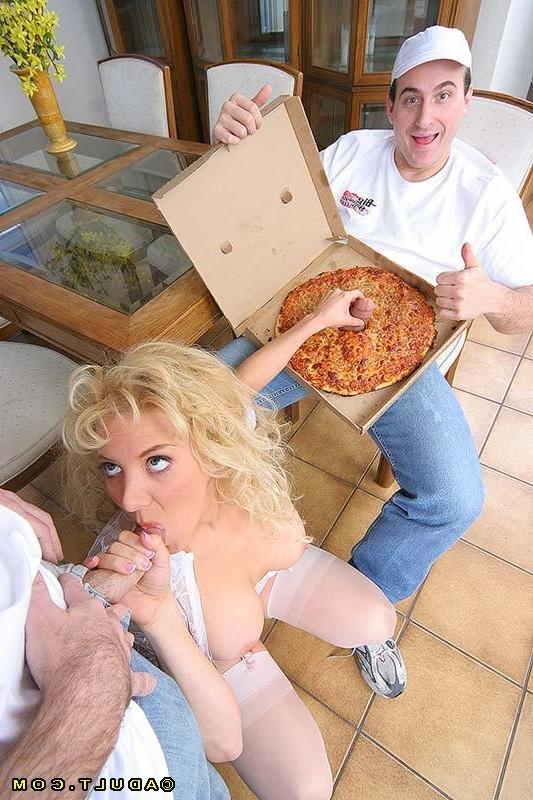 16P hungry chick eats cock through a pizza