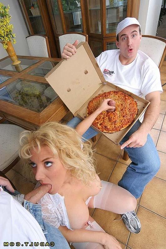16P hungry chick eats cock through a pizza