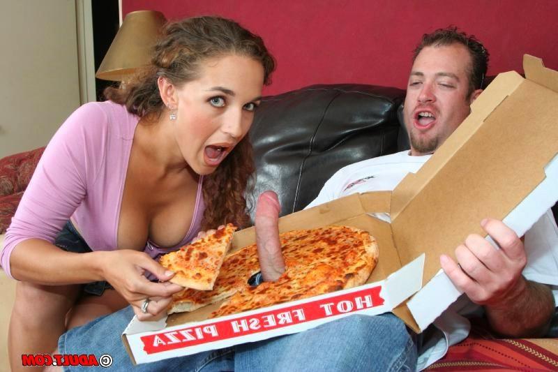 16P hungry chick eats cock through a pizza