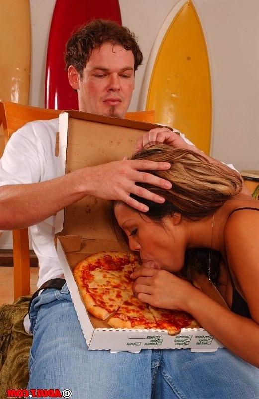 16P hungry babe sucking cock through a pizza