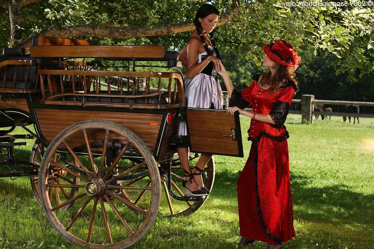 16P Victorian dressed hotties undress and have sex by carriage