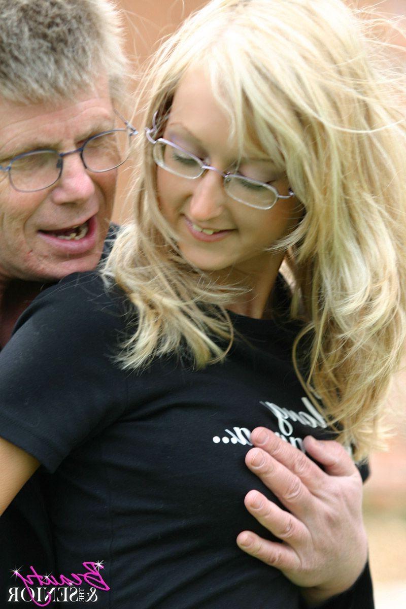 14P Blonde teen babe blowing a senior his stiffy cock