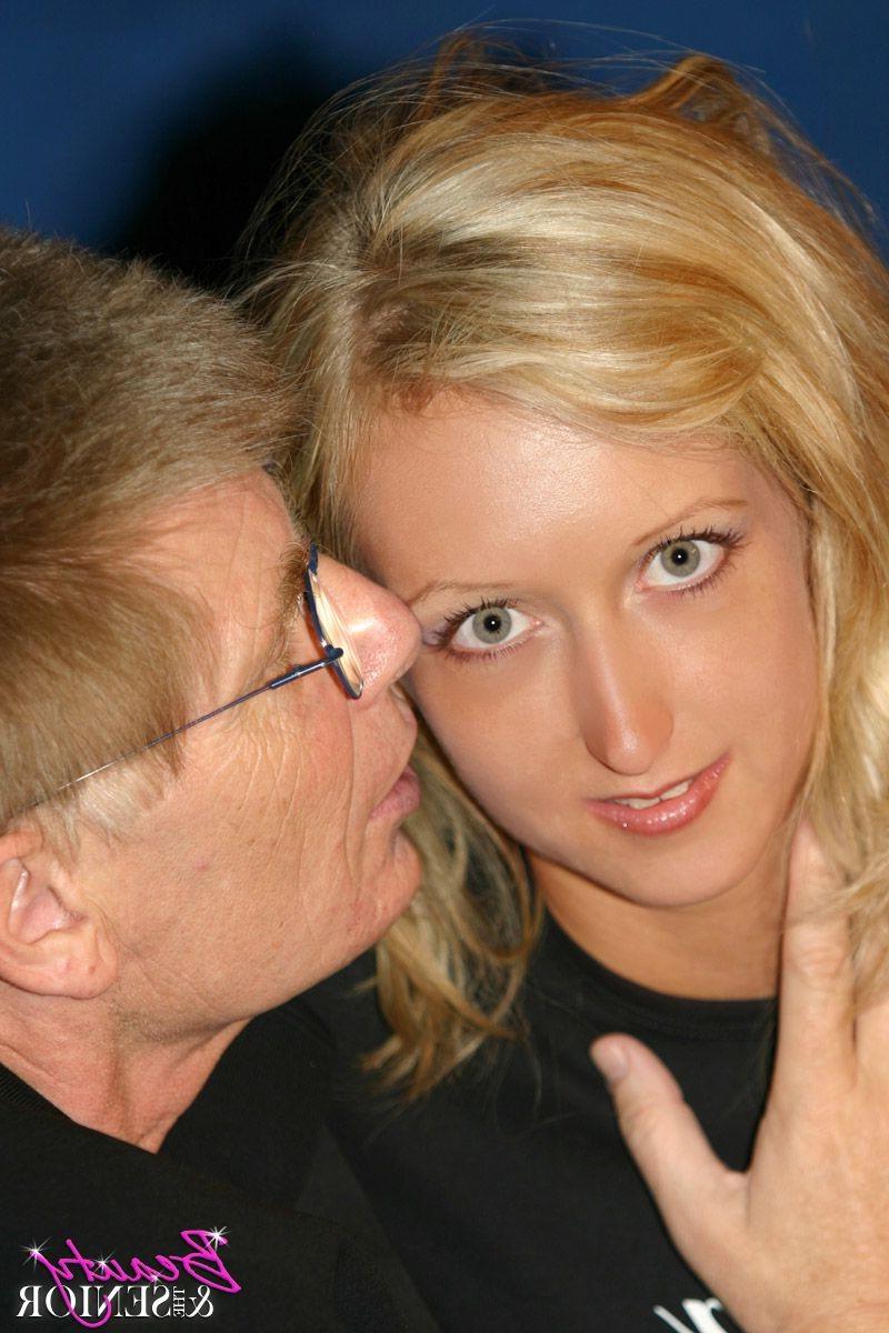 14P Blonde teen babe blowing a senior his stiffy cock