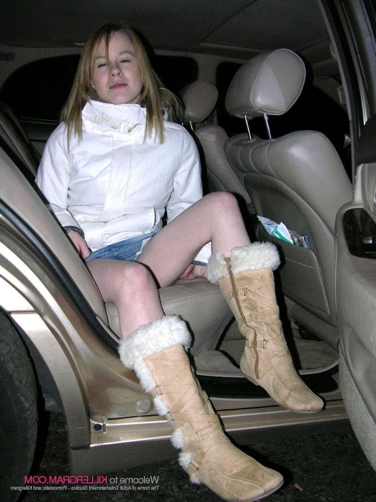 16P Babe posing in backseat of a cara about to get fucked silly in public