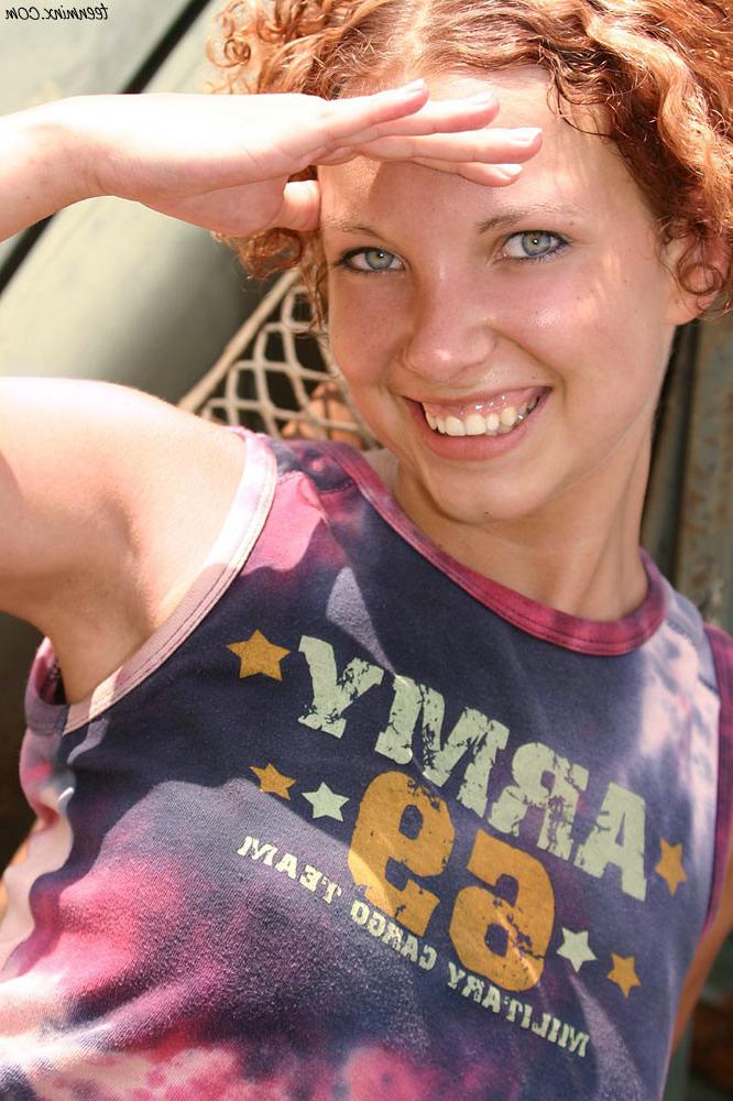 18P Gorgeous redhead teen spreads her tight pink pussy on a truck
