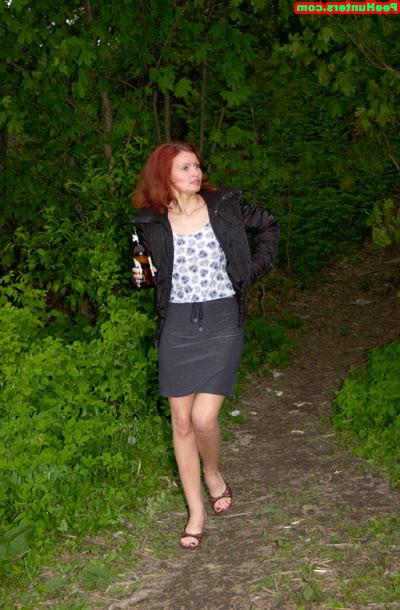 15P Redhead slut peeing near river after beer drinking