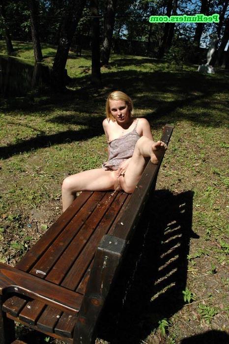 16P Busty blonde prankster pisses onto the park bench