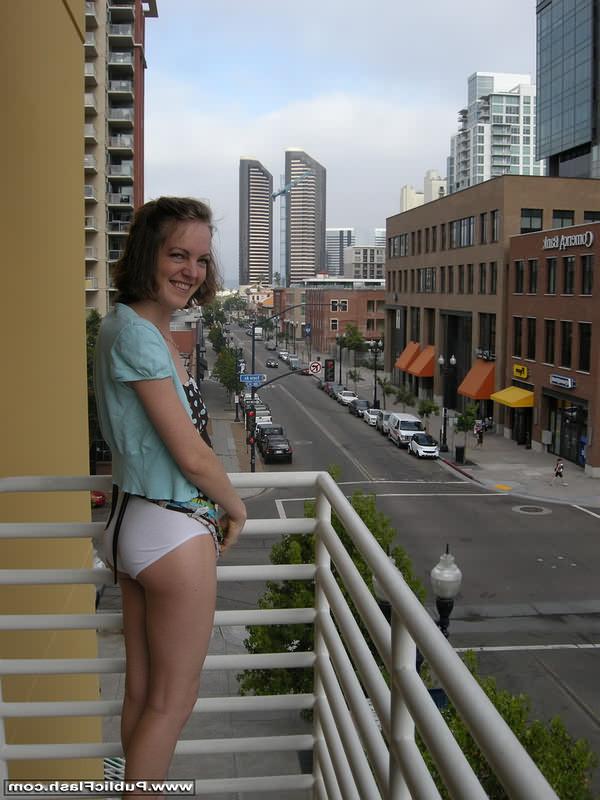 16P Slim pantyless upskirts flasher on midcity balcony