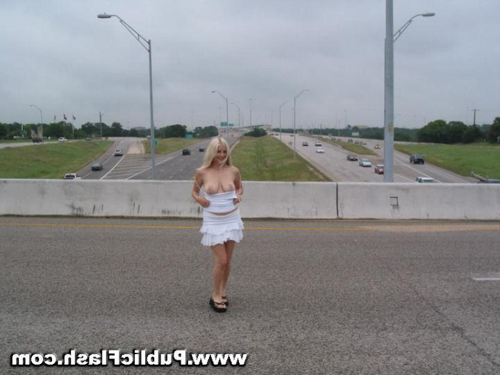 16P Cute Busty Blonde Flashes Big Naturals On Freeway Overpass