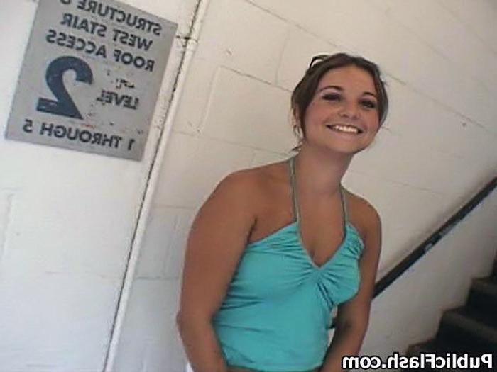 16P Blonde Cutie Flashes Tits n Bits On Parkade Stairs