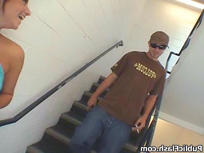 16P Blonde Cutie Flashes Tits n Bits On Parkade Stairs
