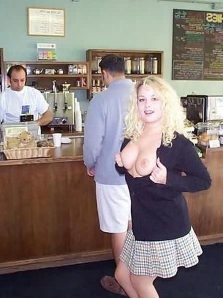 16P Big Boobs Blondie Flashing at Local Cafe